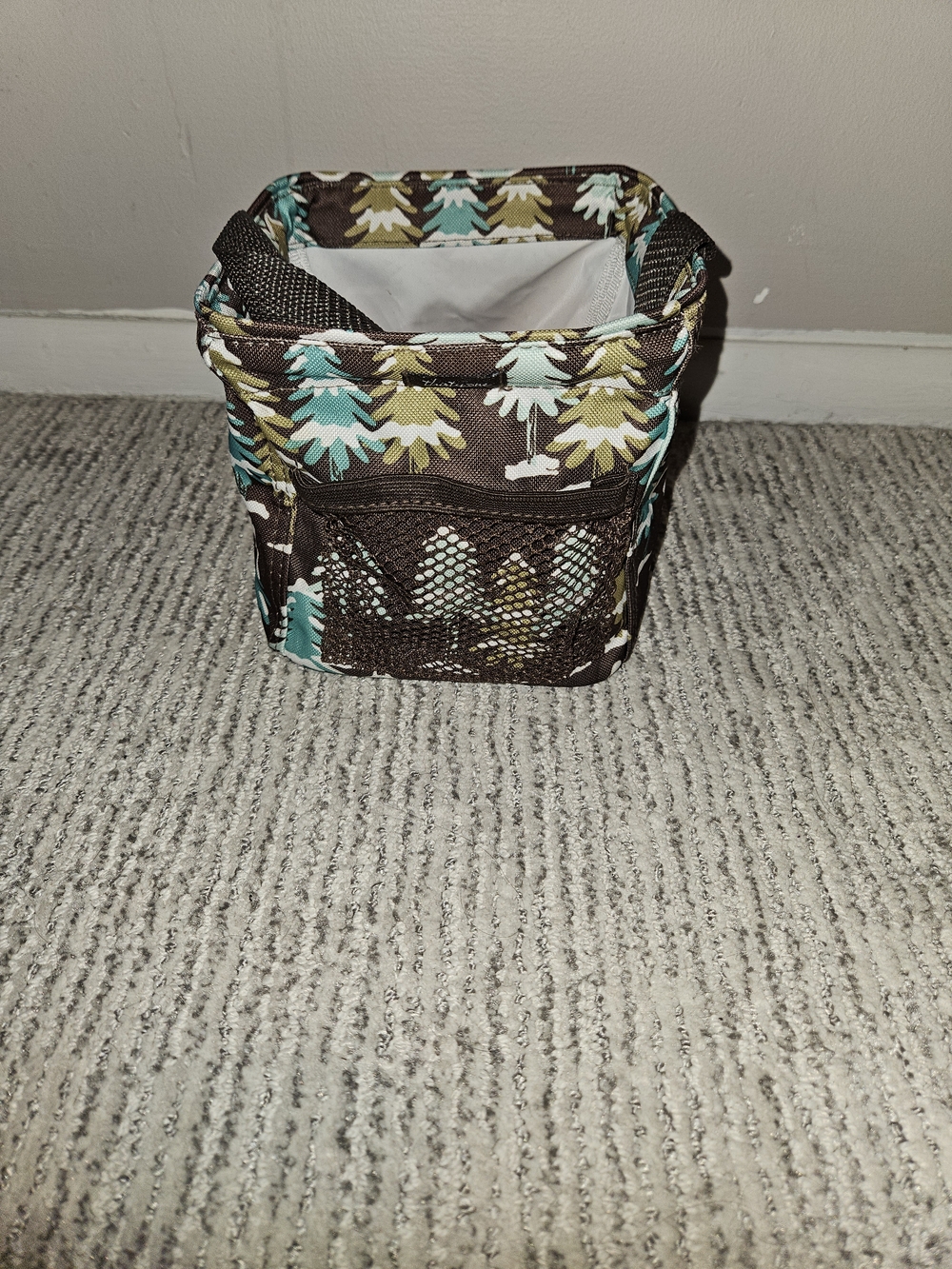 thirty-one Brown Organizer Bin with Teal and Olive Tree Print